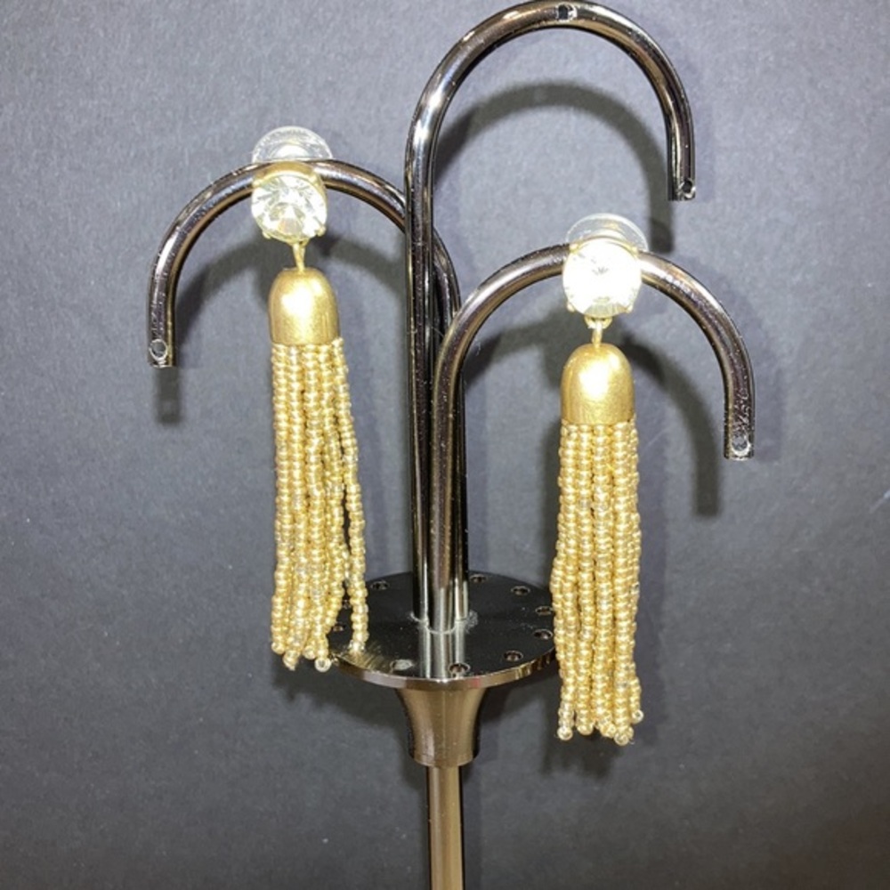 J Crew Multi beaded gold and clear tassel earrings with large crystal